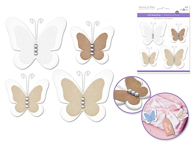 Paper Craft Emb: 5cm+7cm Felt-Fad Butterflies w/Gem 4pc Asst B) Elegance