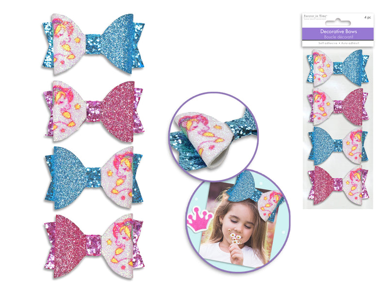 Paper Craft Emb: 6.5cm Decorative Bows x4 Self Stick A) Unicorn Glitter