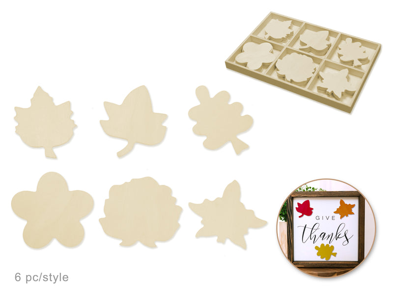 Wood Craft: 8cm Wood Shapes x36 in Display Box (6eax6stl) C)Foliage