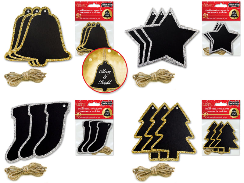 Holiday Decor: 9cm Chalk-It-Up Wood Ornament x3 /Jute Hanger Asst 4styles A) Holiday Icons