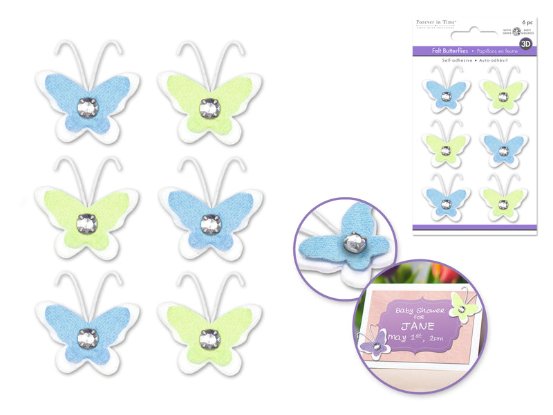 Paper Craft Emb: 1.5cmx2cm Felt-Fad Butterflies w/Gem 6pc Asst B) Meadow