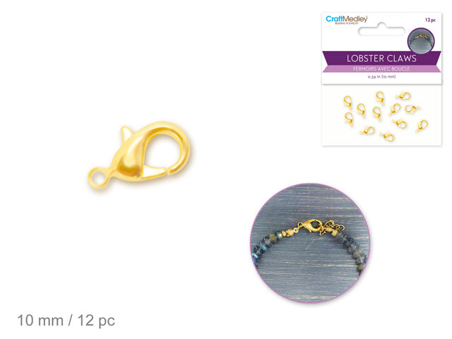 Jewelry Findings: 10mm Lobster Claw x12 w/Clasp A) Gold