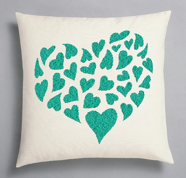 Duftin Punch By Number/Punch Needle Embroidery Teal/Turquoise Hearts Pillow, Ivory, 40cm x 40cm
