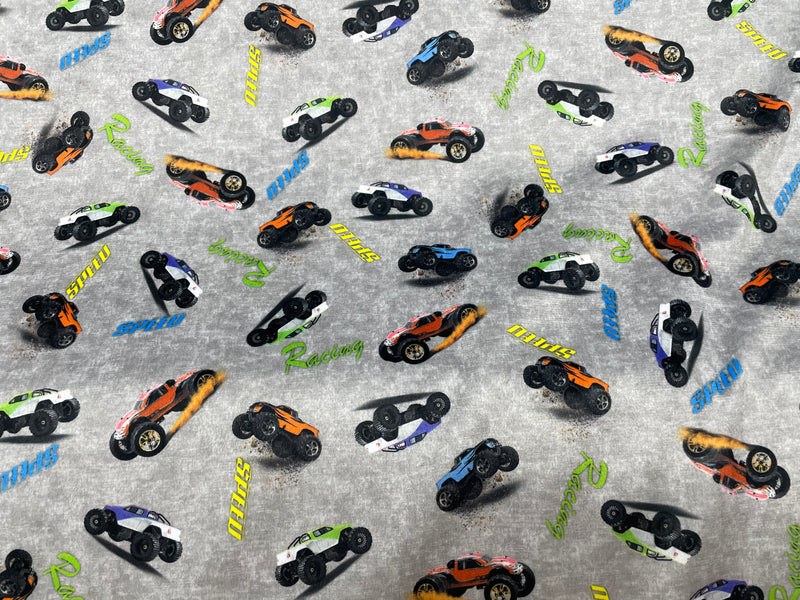 Minky Fleece Grey with Monster Trucks